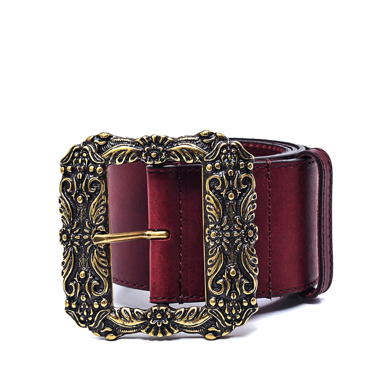 Etro-Bordeaux Calf Leather Embossed Baraque Gold Toned Buckle Belt 34||85